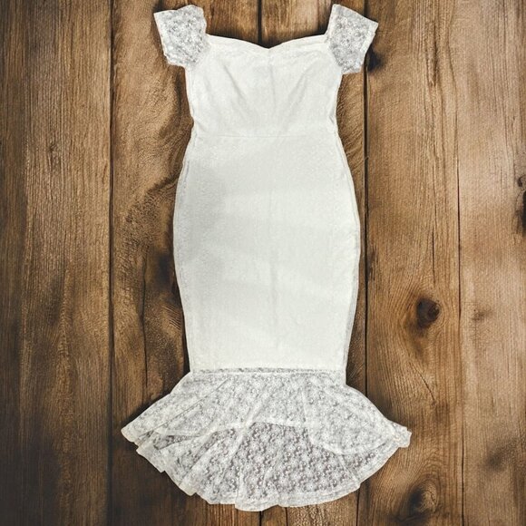 Lulus White M Lace Mermaid Midi Dress With Off-Shoulder Design Fitted Silhouette - Picture 1 of 7